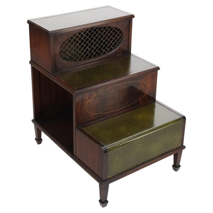 EstablishedLines English Green Leather & Mahogany Step Side End Table Stand Cabinet Bookcase