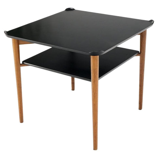 EstablishedLines Two Tier Black Lacquer & Walnut Square End Side Center Table Stand Juhl Baker