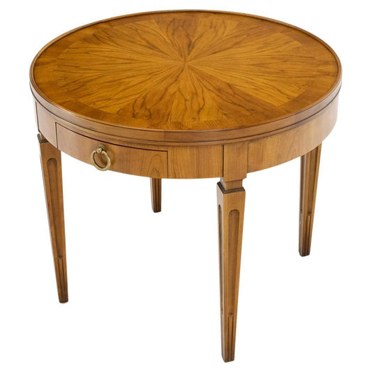EstablishedLines Baker Walnut Round Sunburst Pattern Gallery Top Drawer Side Lamp Table Stand