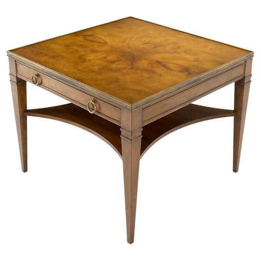 EstablishedLines Baker Burl Walnut Square Brass Gallery Top Drawer Side Lamp Table Night Stand