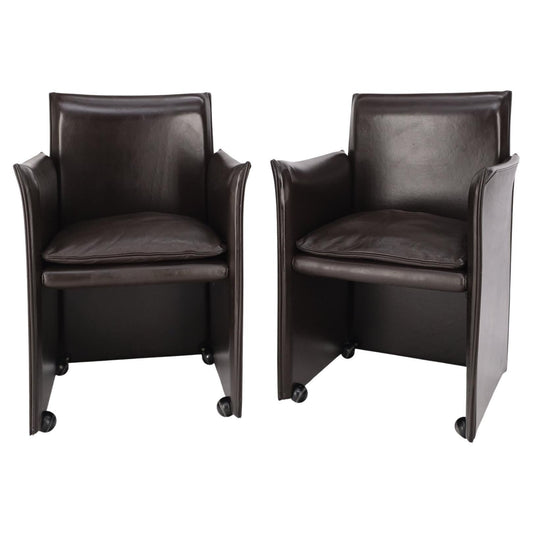 EstablishedLines Pair of Dark Brown Plum Leather Break Side Chairs Mario Bellini for Cassina Mint