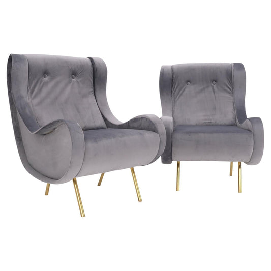 EstablishedLines Pair Italian Mid-Century Modern Brass Legs Grey Arm Lounge Chairs
