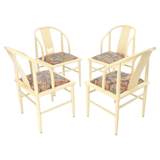 EstablishedLines Asian Inspired Barrel Back White to Beige Lacquer Dining Chairs Mid Century Mint