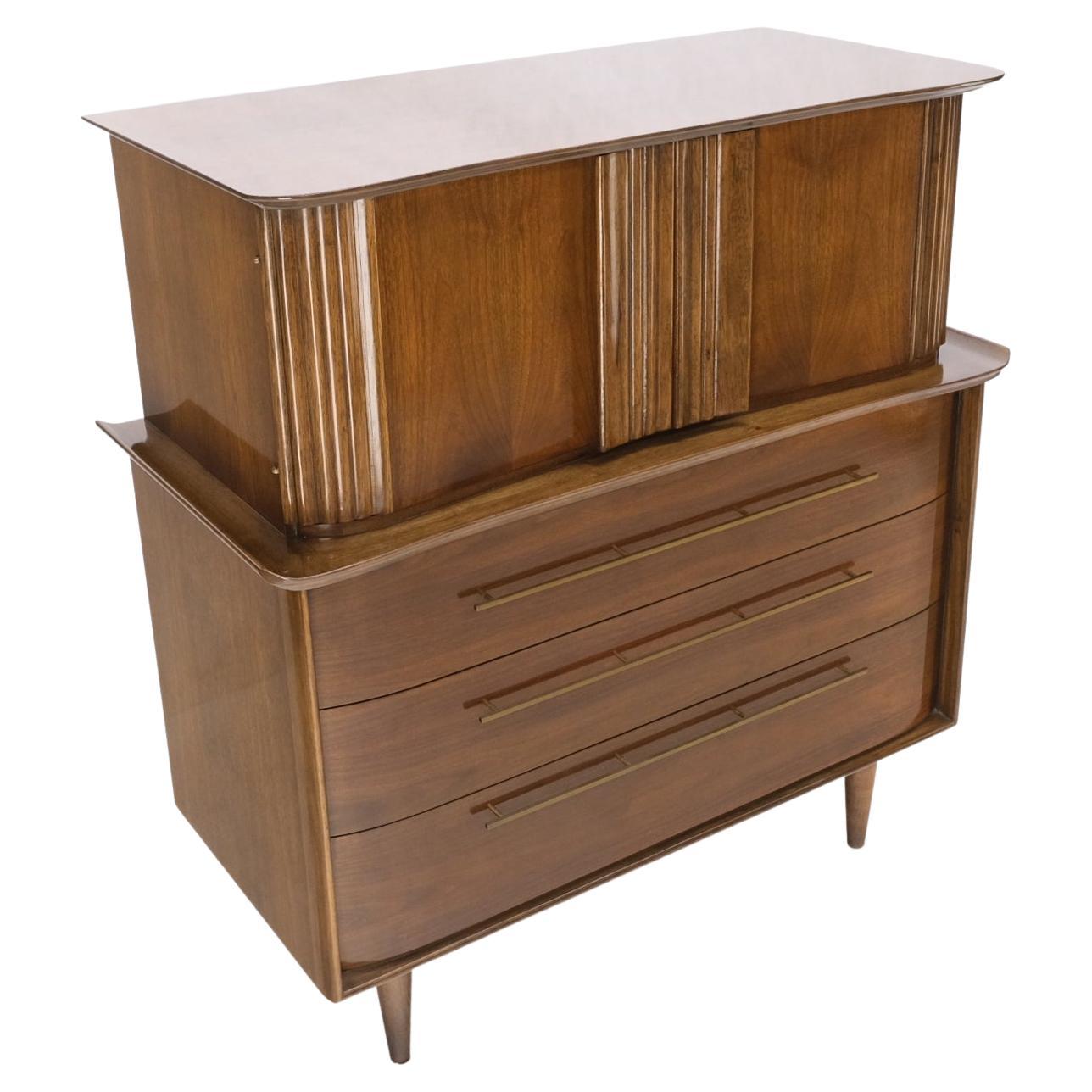 EstablishedLines Light Walnut Bow Front Drawers Long Brass Pull Hardware Gentleman's Chest Mint