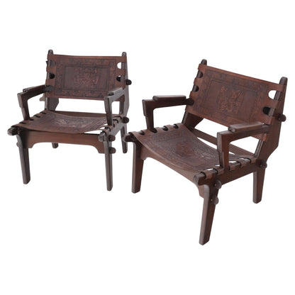 EstablishedLines Pair of Walnut Carved Tolled Leather Sling Seats Arm Chairs by Angel Pazmino