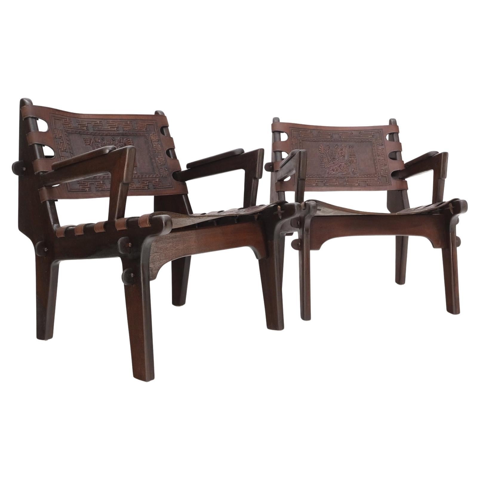 EstablishedLines Pair of Walnut Carved Tolled Leather Sling Seats Arm Chairs by Angel Pazmino