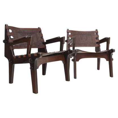 EstablishedLines Pair of Walnut Carved Tolled Leather Sling Seats Arm Chairs by Angel Pazmino