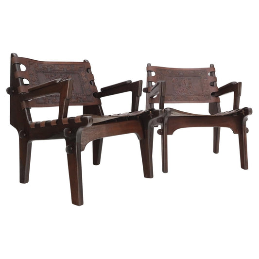 EstablishedLines Pair of Walnut Carved Tolled Leather Sling Seats Arm Chairs by Angel Pazmino