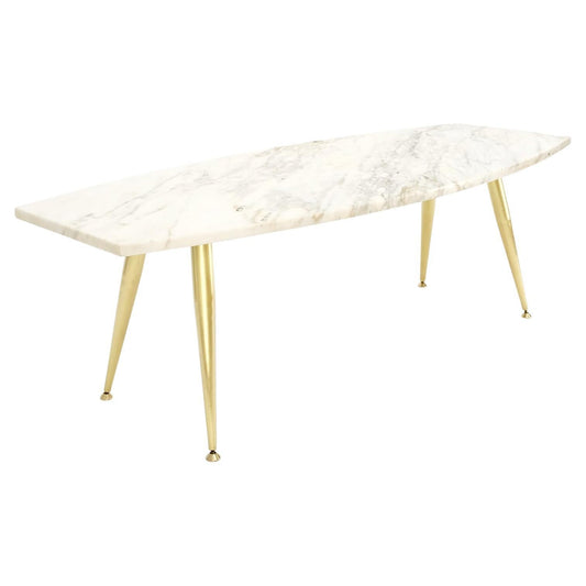 EstablishedLines Boat Shape Marble Top Tapered Cone Shape Brass Legs Coffee Table Mint