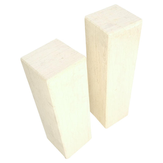 EstablishedLines Mid-Century Modern Square Beveled Tall Travertine Marble Pedestals End Tables