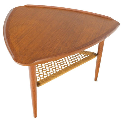 EstablishedLines Danish Triangular Teak Rolled Edge Caned Shelf End Side Occasional Table Stand