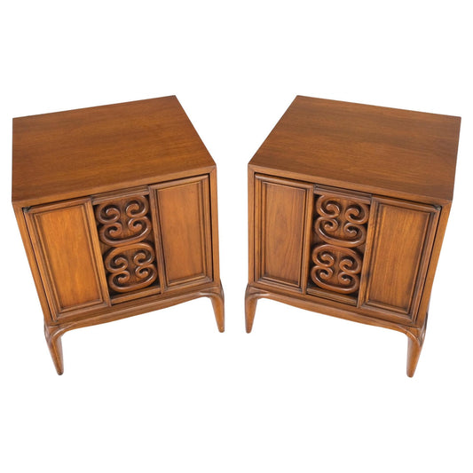EstablishedLines Pair of Walnut Carved Modern Ornament Front Door End Table Night Stands Mint