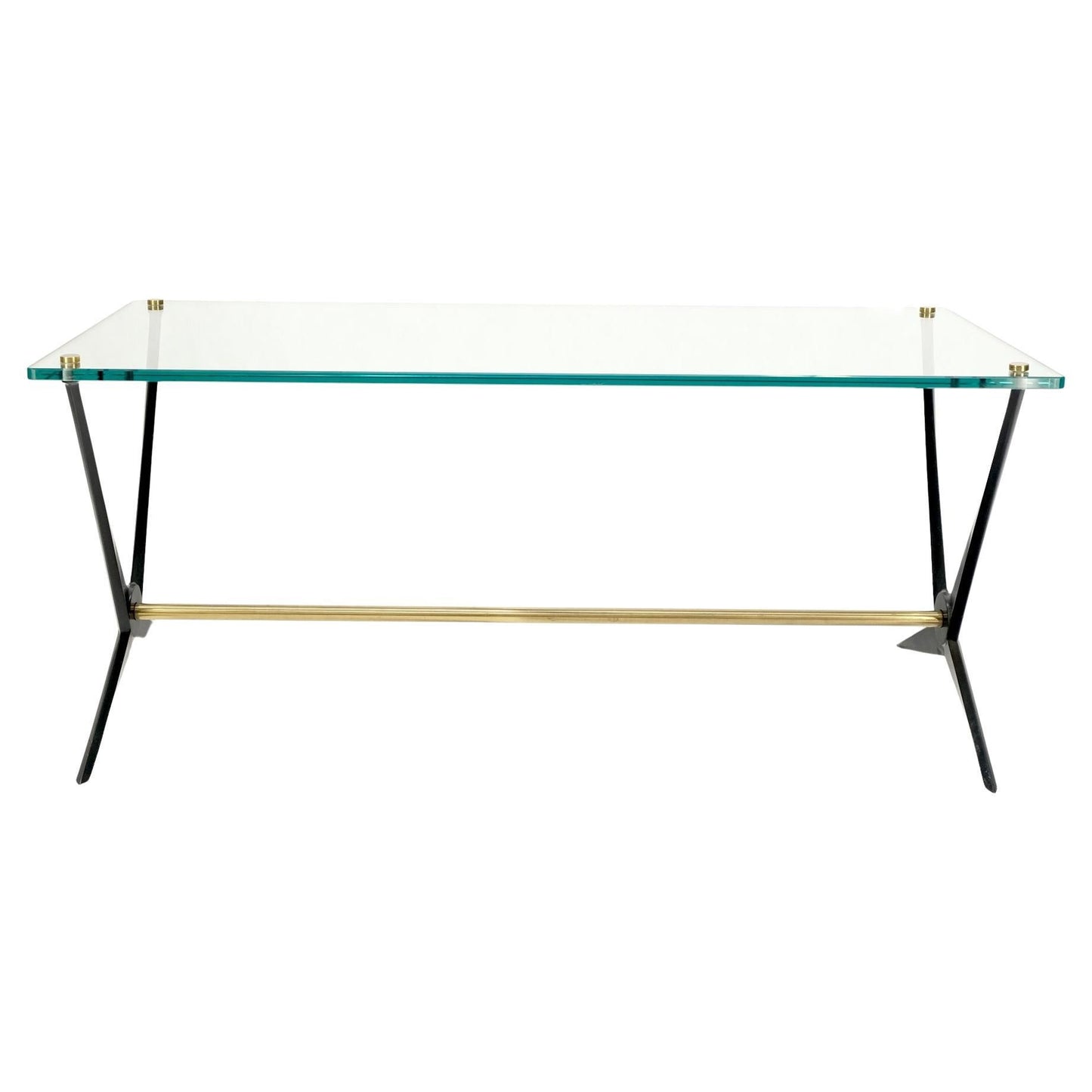 EstablishedLines Italian Mid-Century Modern Cast Metal & Brass Base Glass Rectangle Coffee Table