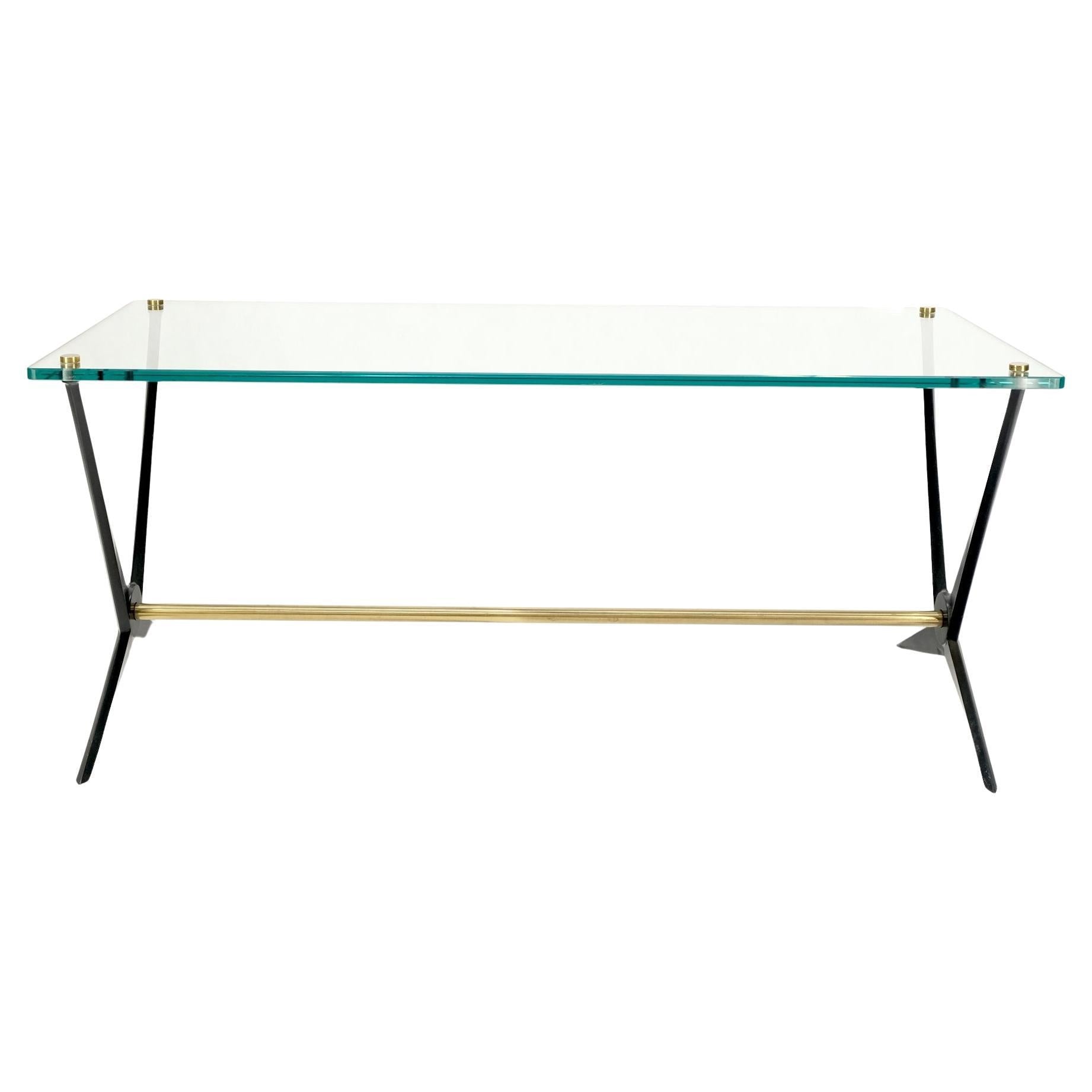 EstablishedLines Italian Mid-Century Modern Cast Metal & Brass Base Glass Rectangle Coffee Table