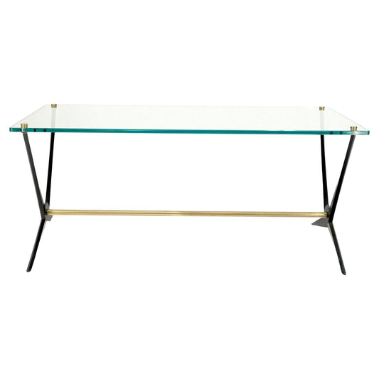 EstablishedLines Italian Mid-Century Modern Cast Metal & Brass Base Glass Rectangle Coffee Table