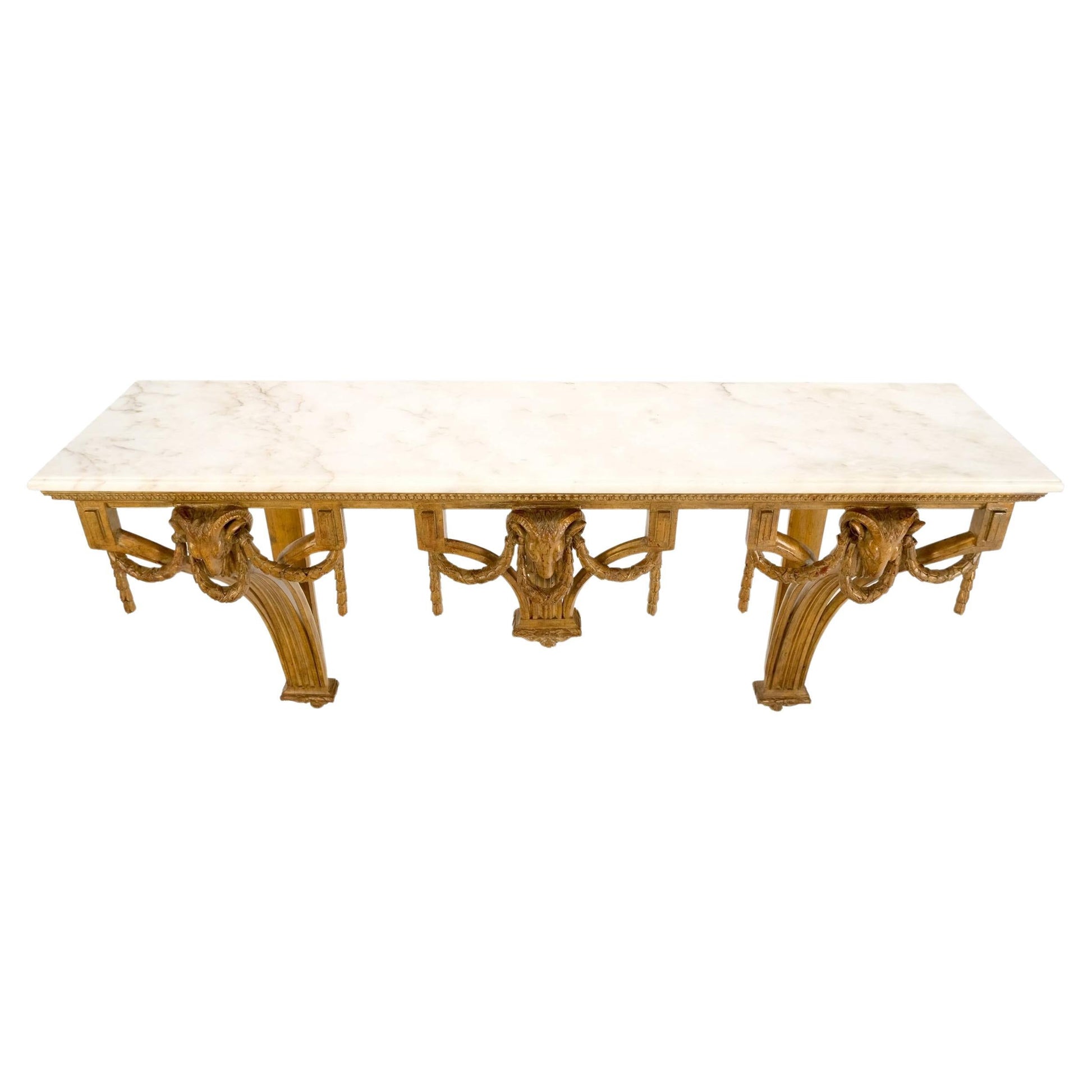 EstablishedLines Hanging Fine Carved Antique Gold Gilt Base Marble Top Console Table Credenza