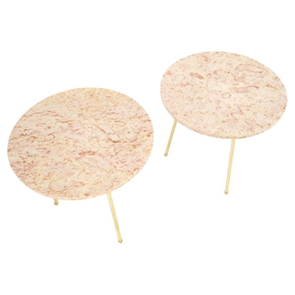 EstablishedLines Pair Round Rouge Marble Top Tri Legged Brass Base Mid-Century Modern End Tables
