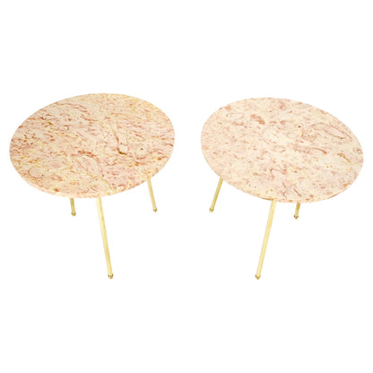 EstablishedLines Pair Round Rouge Marble Top Tri Legged Brass Base Mid-Century Modern End Tables
