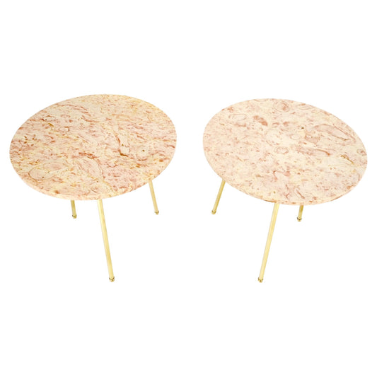 EstablishedLines Pair Round Rouge Marble Top Tri Legged Brass Base Mid-Century Modern End Tables