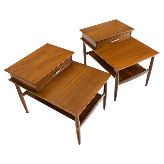 EstablishedLines Pair Walnut American Mid-Century Modern One Drawer Step End Tables Stands Mint!