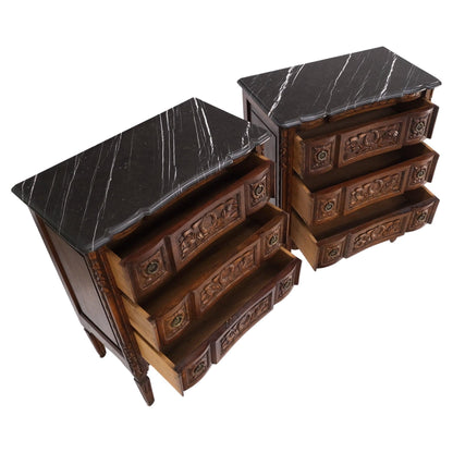 EstablishedLines Pair Antique Marble Top Finely Carved 3 Drawers Brass Pulls Bachelor Chests MINT