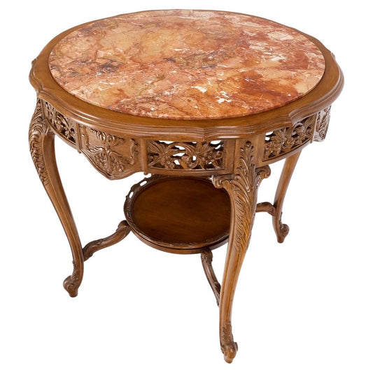 EstablishedLines Carved Walnut Rouge Marble Top Lamp Side Occasional Table Stand Pedestal