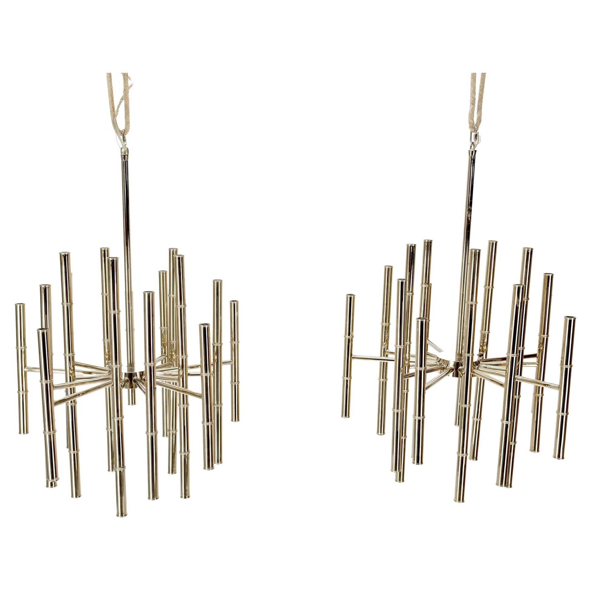 EstablishedLines Pair of Large Faux Bamboo Chrome Pewter Chandeliers Light Fixtures