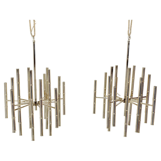 EstablishedLines Pair of Large Faux Bamboo Chrome Pewter Chandeliers Light Fixtures