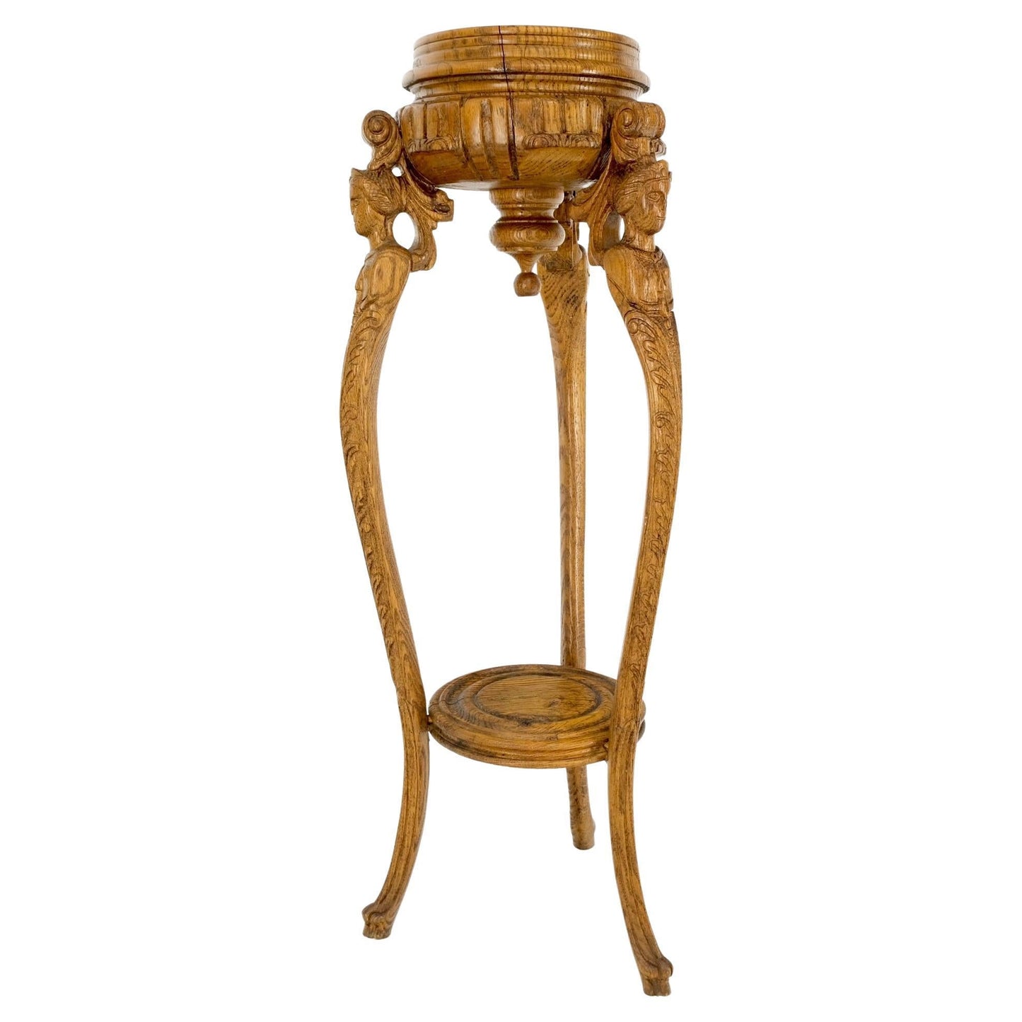 EstablishedLines Antique Carved Oak Tripod Tri legged Plant Stand