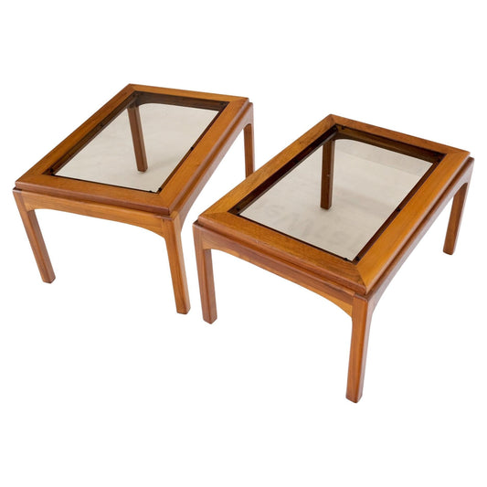 EstablishedLines Pair Solid Oiled Walnut Smoked Glass Rectangle End Tables Stands Mid Century