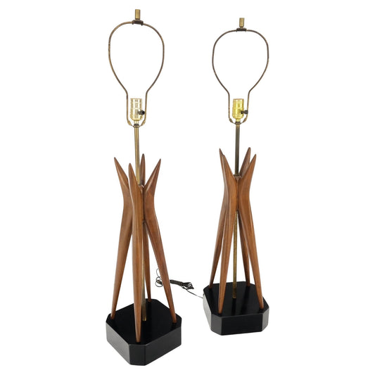 EstablishedLines Pair Carved Oiled Walnut Star Bursting Sputnik Shape Bases Table Lamps Mint!