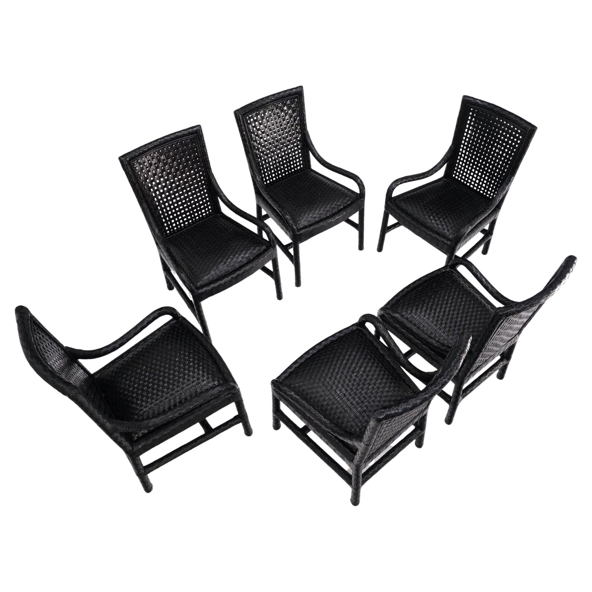 EstablishedLines Unusual Set of 6 Black Leather Strap Weaved Dining Arm Chairs Mid Century Moder