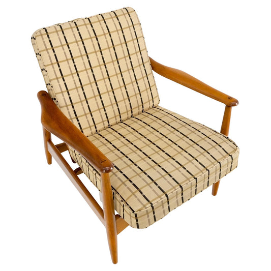 EstablishedLines John Stuart Mid Century Danish Modern Plaid Pattern Upholstery Teak Lounge Chair
