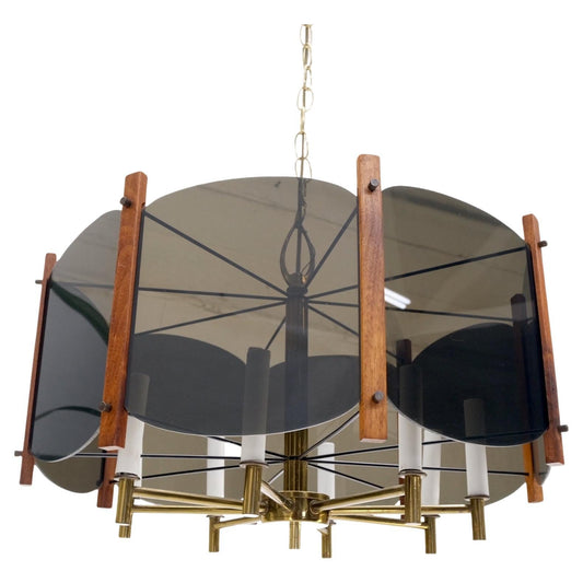 EstablishedLines Mid-Century Modern Walnut Brass Smoked Glass 8 Candles Light Fixture
