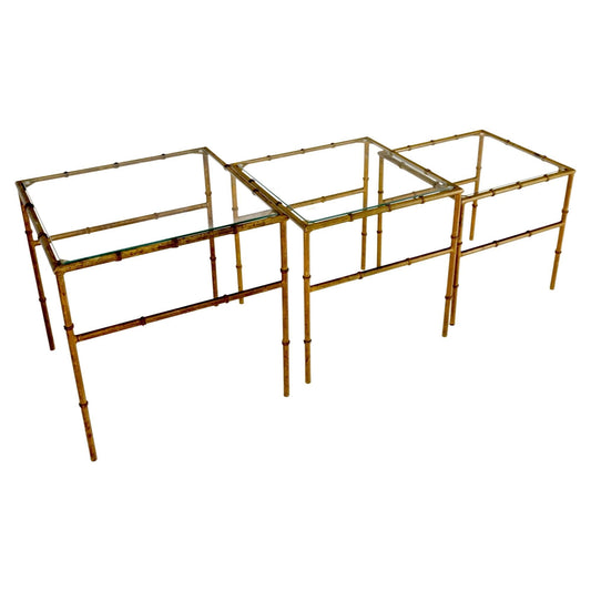 EstablishedLines Set of 3 Nesting Glass Top Faux Bamboo Gilt Metal End Side Stacking Tables