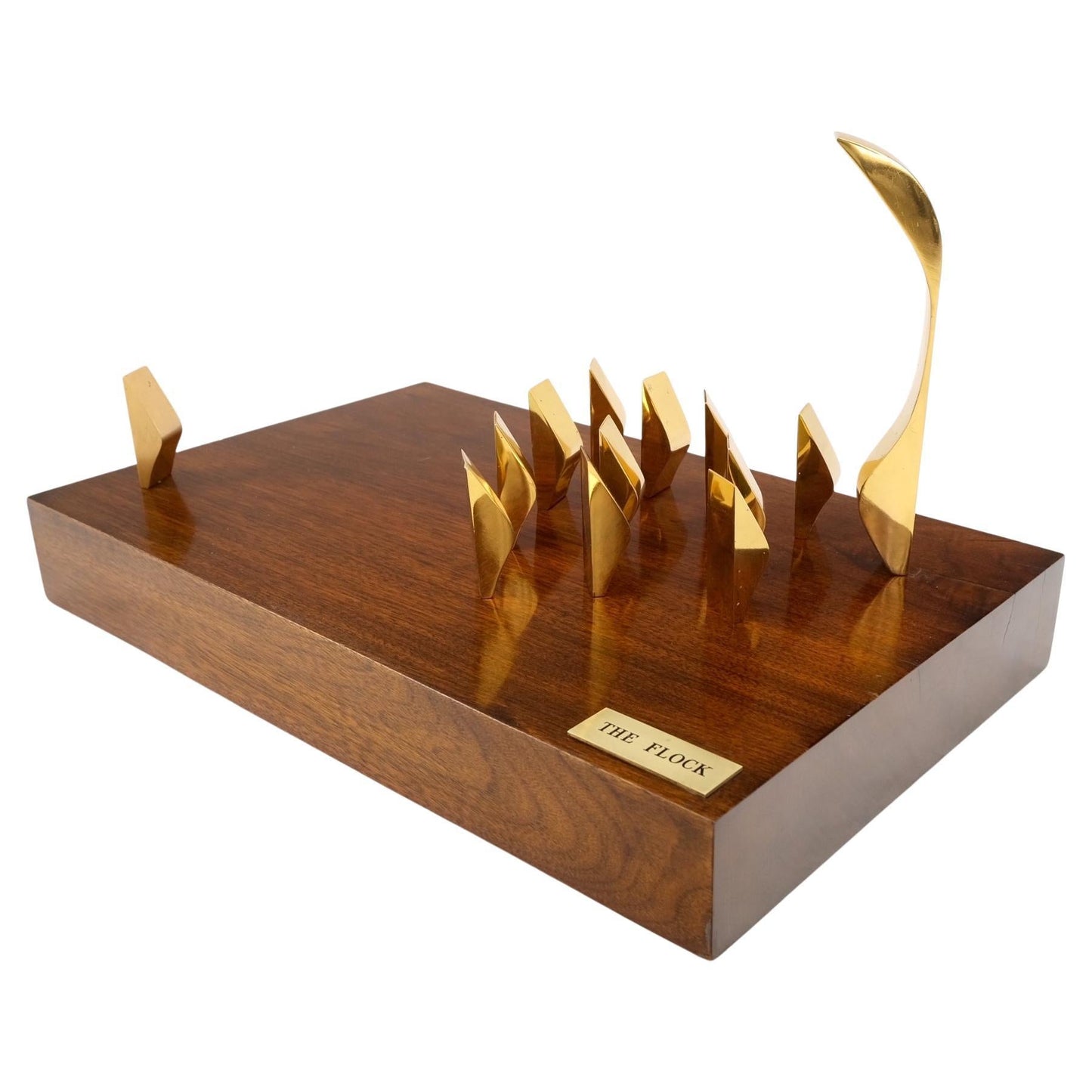 EstablishedLines Modern Flock of Birds Sculpture Solid Brass Figurines on Walnut Rectangle Block