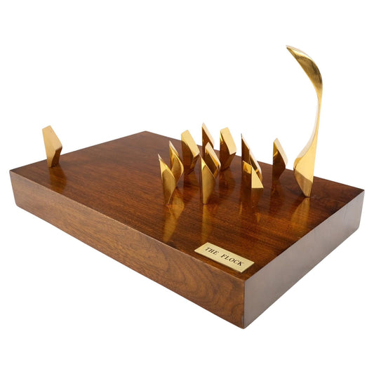 EstablishedLines Modern Flock of Birds Sculpture Solid Brass Figurines on Walnut Rectangle Block