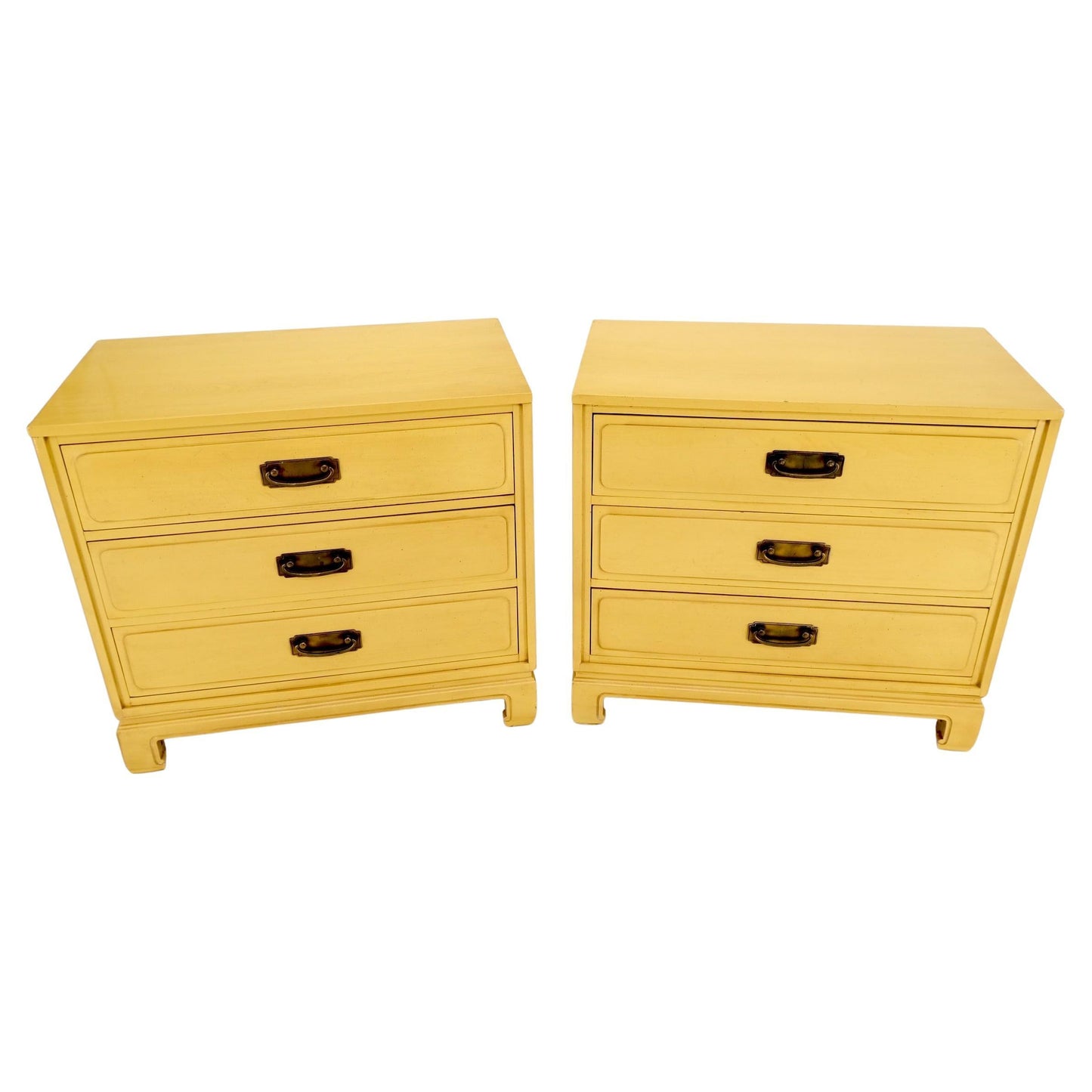 EstablishedLines Pair Davis Mid-Century Modern Lemon Yellow Drop Pulls 3 Drawers Bachelor Chests