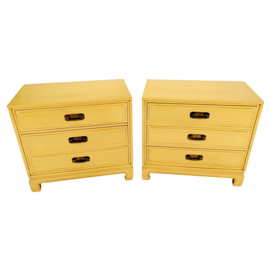 EstablishedLines Pair Davis Mid-Century Modern Lemon Yellow Drop Pulls 3 Drawers Bachelor Chests