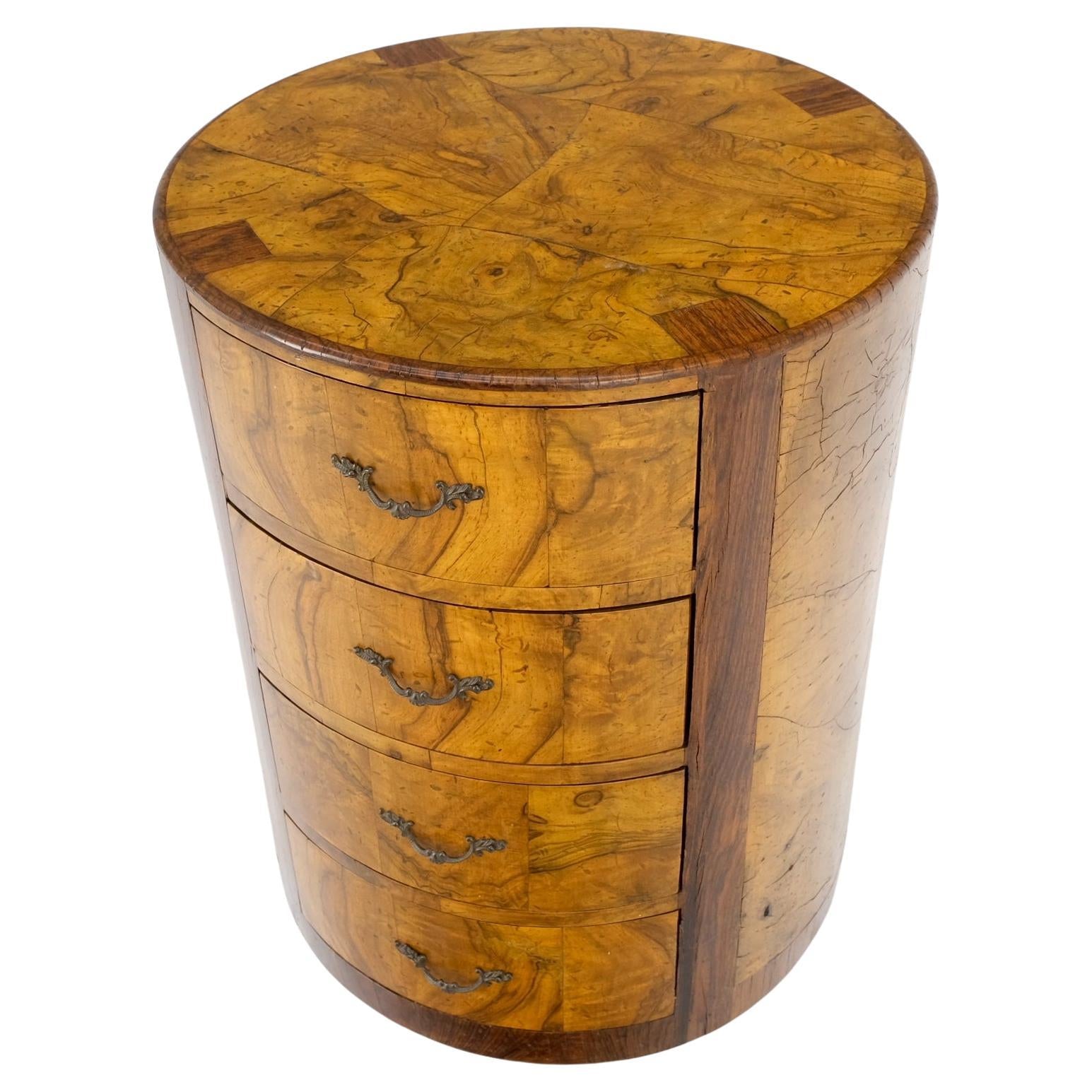 EstablishedLines Cylinder Drum Shape 4 Drawers Italian Burl Olive Wood Small Dresser Stand Table