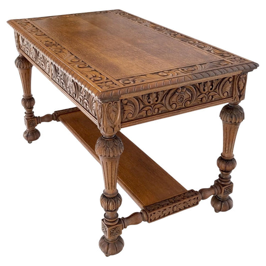 EstablishedLines Heavily Fine Carved Oak Small Partners Desk Console Writing Table Mint