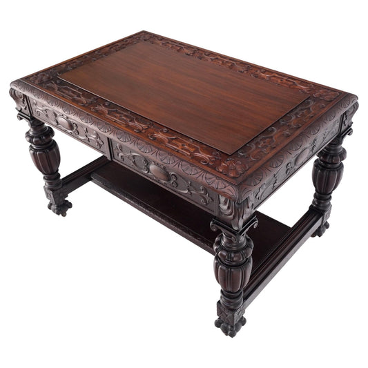 EstablishedLines Jacobean Finely Carved Massive Solid Mahogany Partners Desk