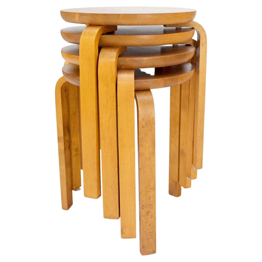EstablishedLines Set of 4 Alvar Aalto Round Birch Bent Leg Nesting Tables c.1950s Made in Sweden