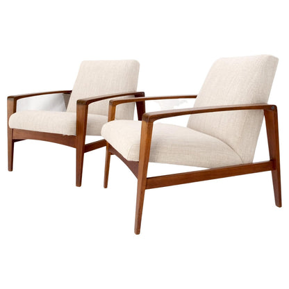 EstablishedLines Pair Restored New Oatmeal Upholstery Teak Mid-Century Modern Lounge Arm Chairs