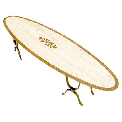 EstablishedLines Mid Century Modern Long Oval Inlaid Travertine Brass Base Coffee Table MINT!