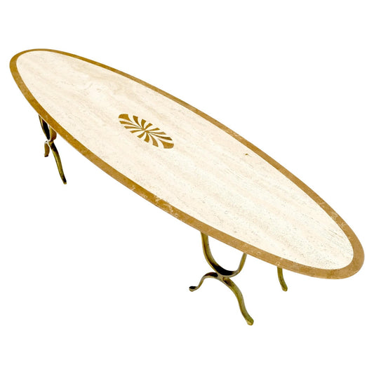 EstablishedLines Mid Century Modern Long Oval Inlaid Travertine Brass Base Coffee Table MINT!