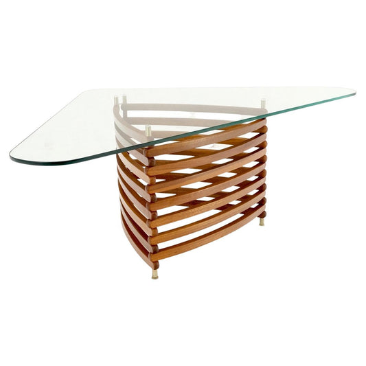 EstablishedLines Danish Mid-Century Modern Teak Slats Triangular Base Glass Top Coffee Table Mint