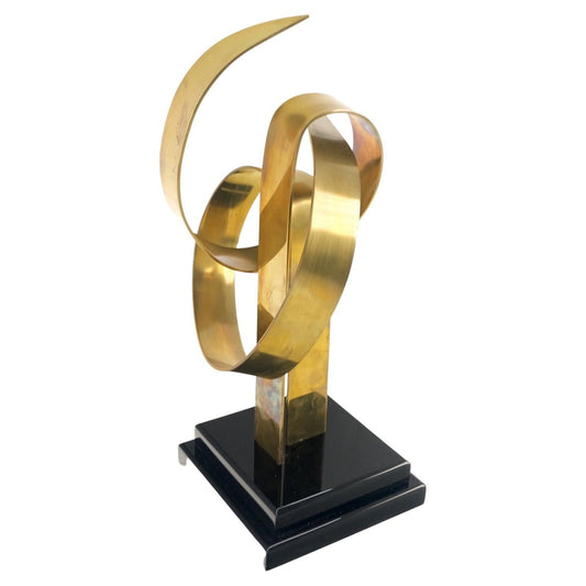 EstablishedLines Van Teal Mid-Century Modern Brass Ribbon Abstract Sculpture on Black Square Base