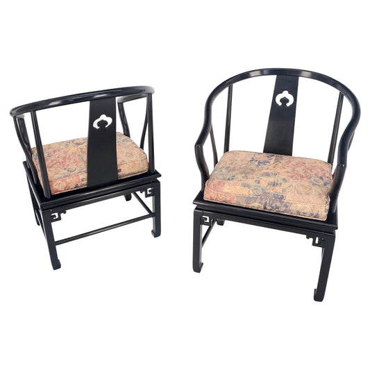 EstablishedLines Pair of Asian Modern Black Lacquer Barrel Horse Shoe Back Lounge Chairs Mint!