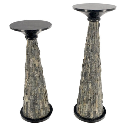 Pair of Polished & Rough Stone Tiles Cone Shape Non Matching Pair of Pedestals